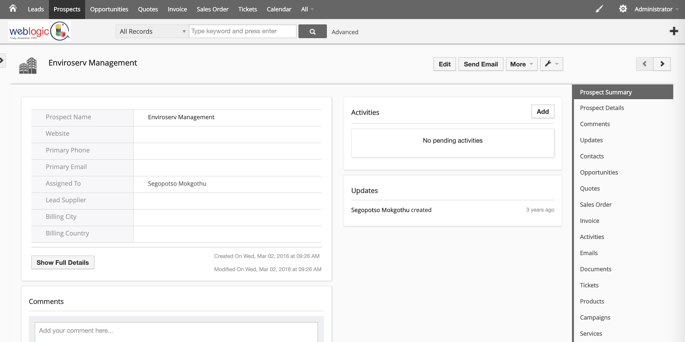 CRM Prospect Page
